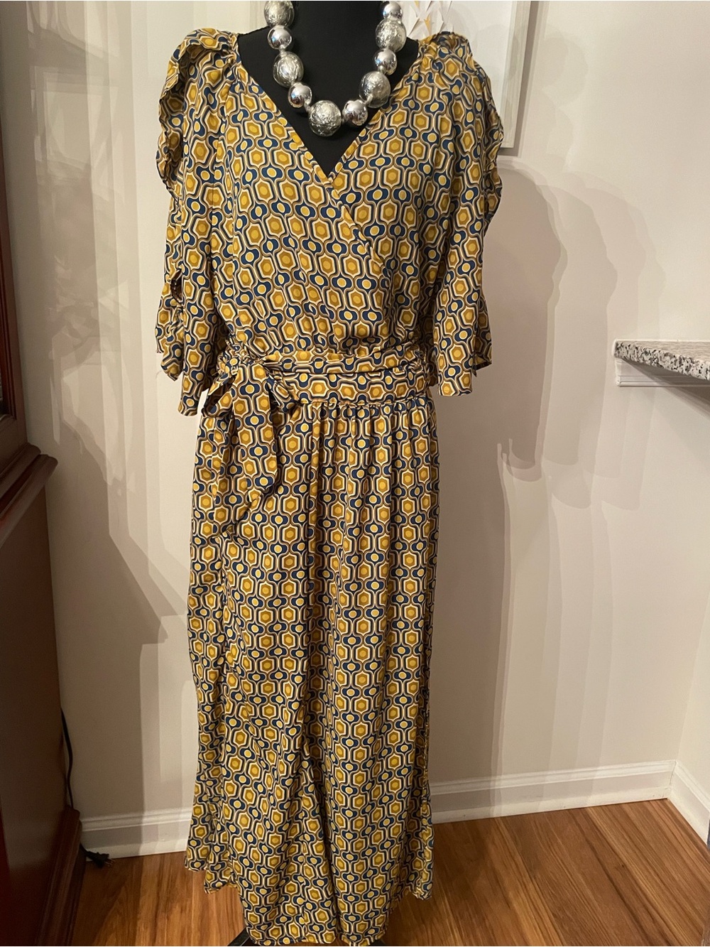 Yellow Geometric Print Maxi Wrap Dress with Waist Tie